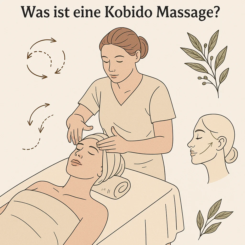 Illustration einer Kobido Gesichtsmassage – rhythmische Techniken und Lymphaktivierung verständlich erklärt