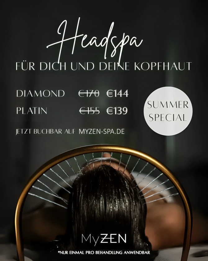 Headspa Sommer Special bei MyZEN – luxuriöse Kopfhautpflege mit Diamond- und Platin-Behandlung jetzt reduziert auf myzen-spa.de buchbar.